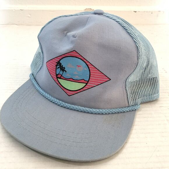 Vtg Beach Sunrise Trucker Hat Mesh Back Snap Back Light Blue Palm Tree 90s - Picture 1 of 5